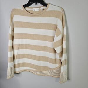 Rafaella Tan Irish Cream Ivory Knit Striped Sweater Pullover Sz M Preppy Coastal